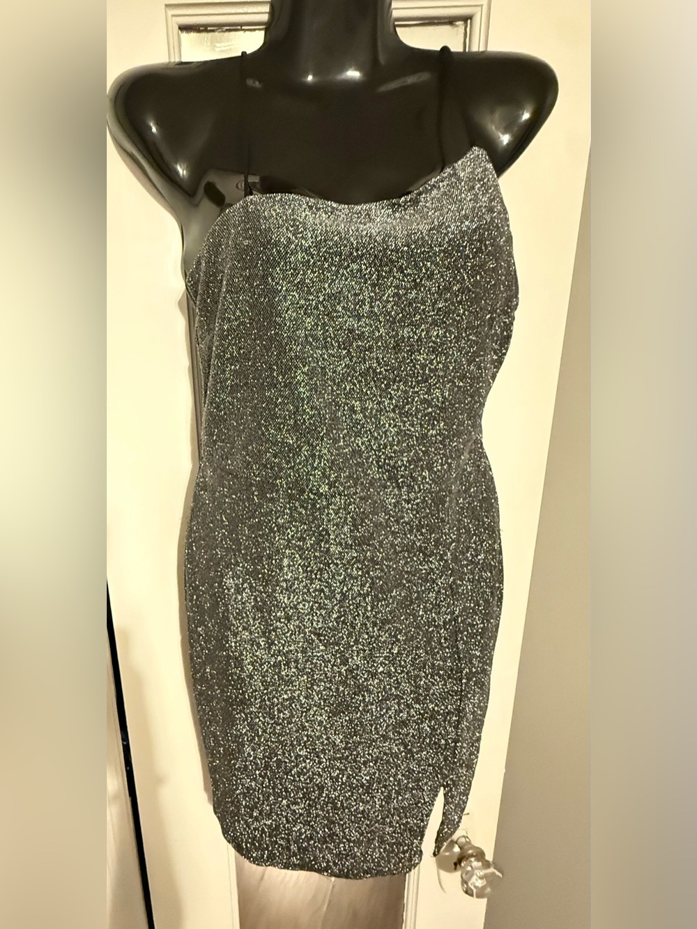 Lulus Feeling Glitzy Silver Metallic Cowl Neck Bodycon Mini Dress Slit S NWOT